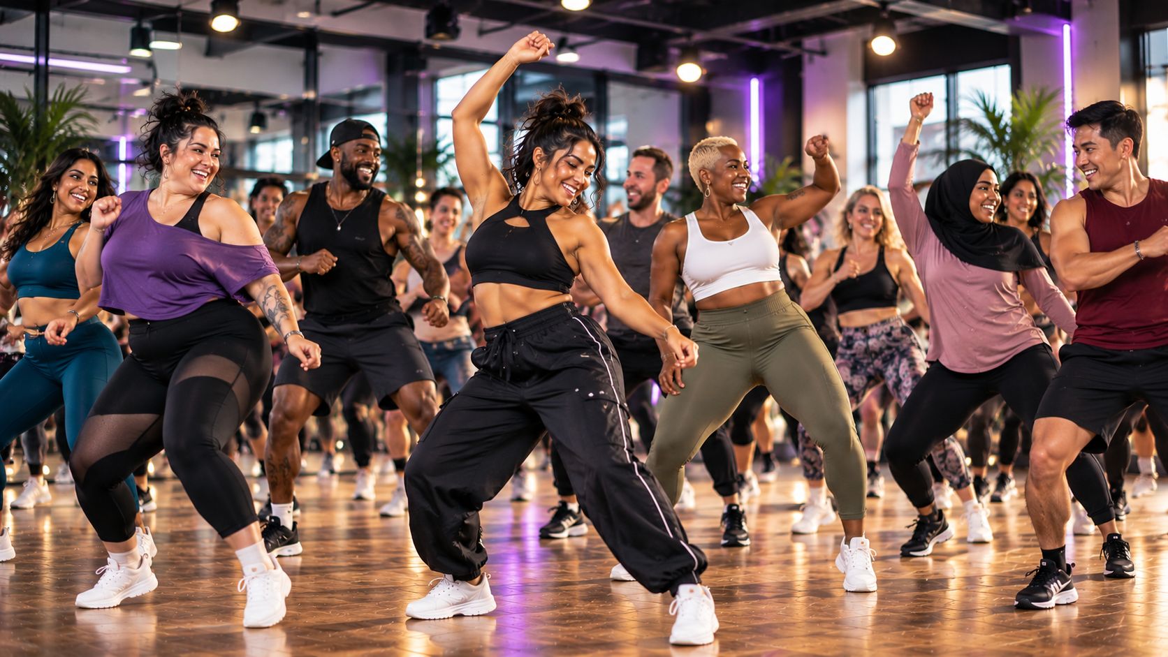 A packed, joyful dance fitness class
