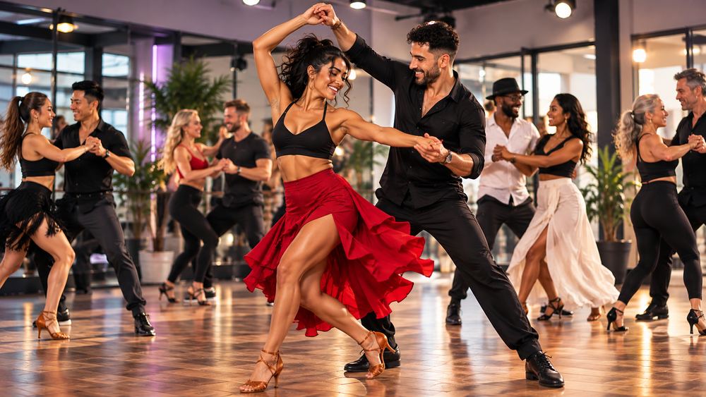Couples spinning in a salsa class